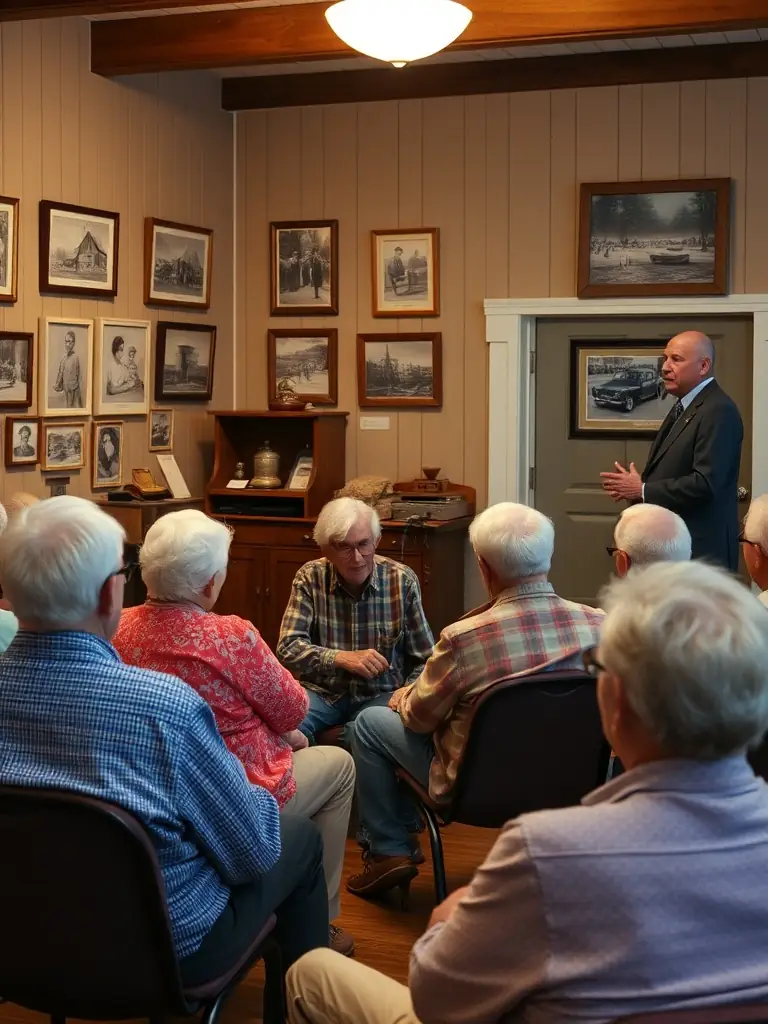 A vibrant scene of seniors attending a local history lecture, with the speaker passionately discussing historical events and artifacts. The setting is a cozy community hall, filled with attentive listeners.