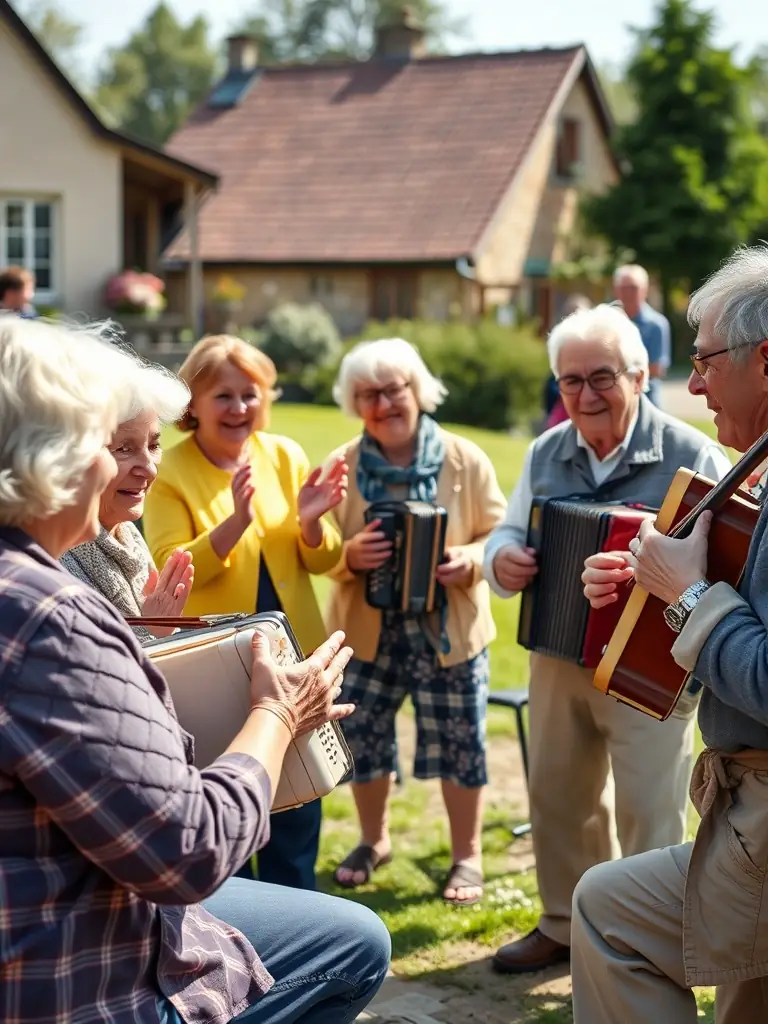 A group of seniors enjoying a traditional Norman music performance, with musicians playing local instruments and singing folk songs. The atmosphere is festive and joyful, with participants clapping and singing along.