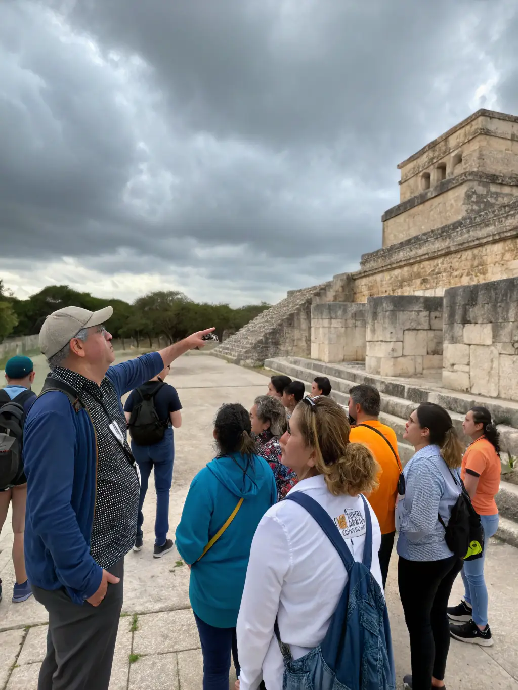 Seniors participating in a guided tour of a local historical site, with a knowledgeable guide pointing out architectural details and sharing historical anecdotes. The weather is sunny, highlighting the beauty of the site.