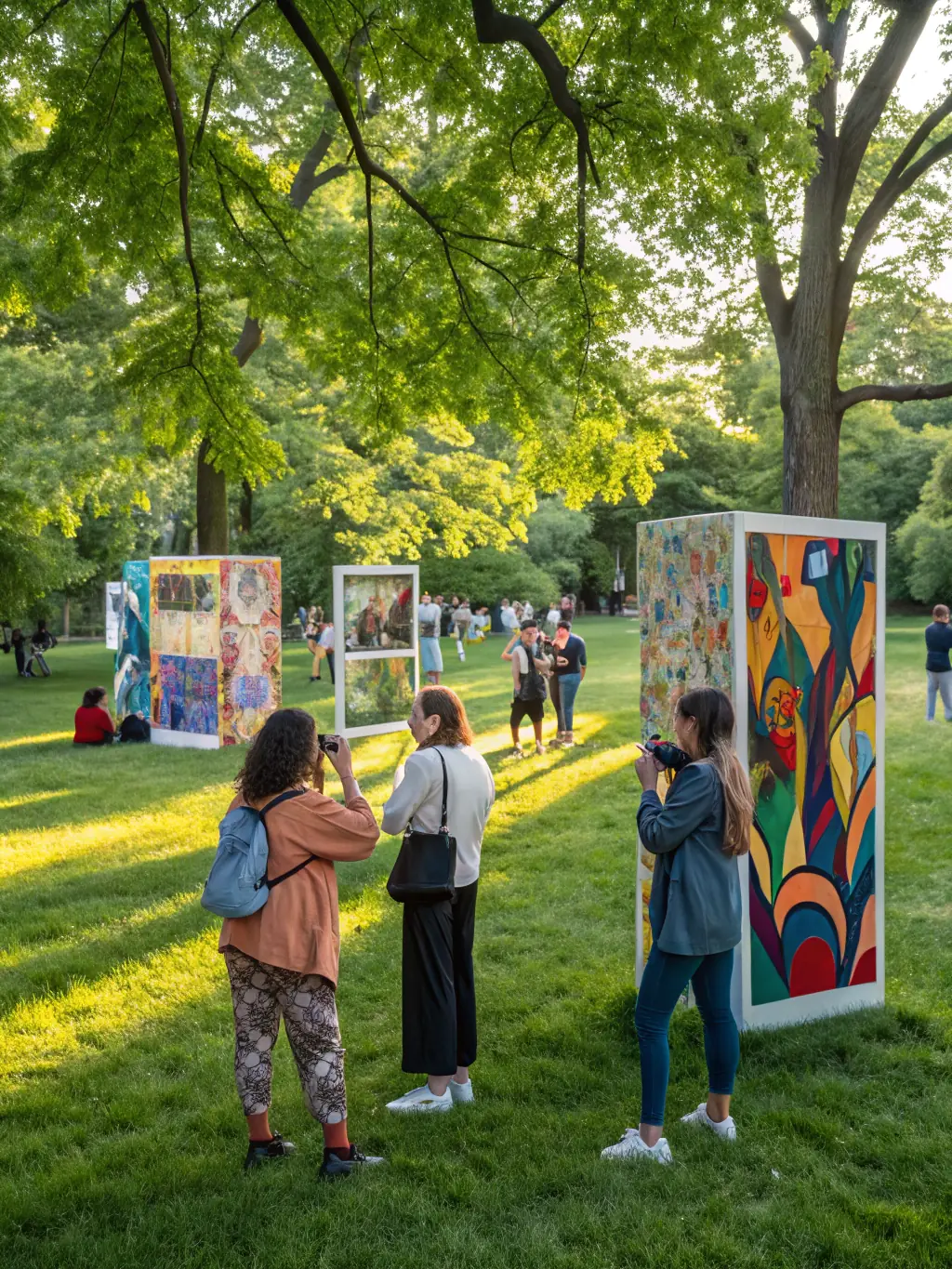 A photograph capturing a vibrant outdoor art exhibition, showcasing various paintings and sculptures with people of different ages admiring the artwork, set against a backdrop of a sunny day in Condé-en-Normandie.