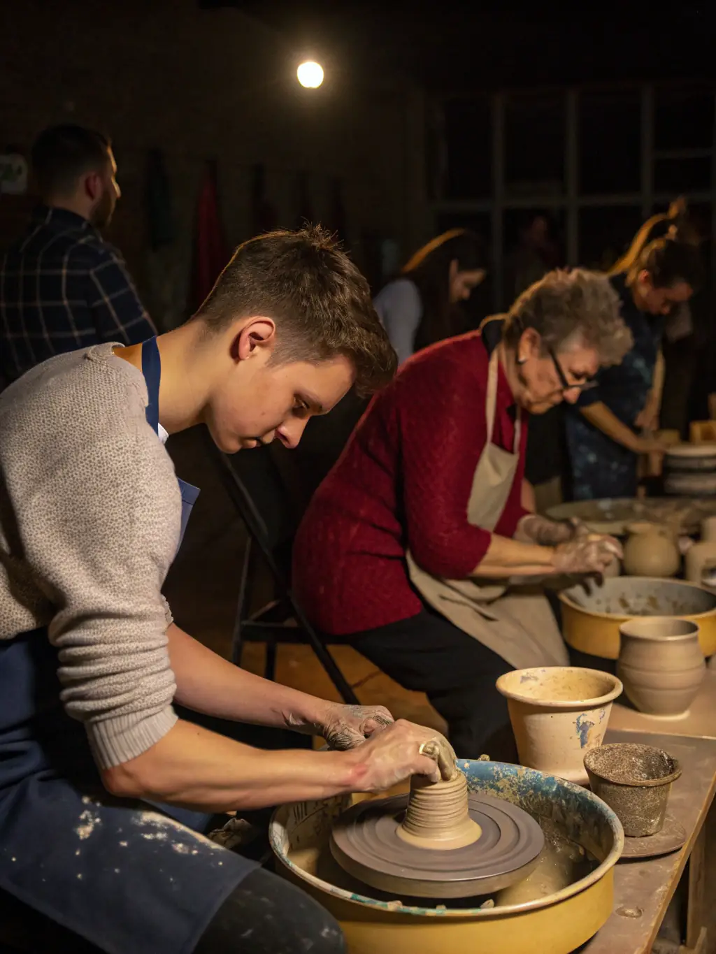 A group of elderly people participating in a pottery workshop, focused on creating traditional Norman pottery. The scene is brightly lit, showcasing the intricate details of the pottery and the participants' focused expressions.
