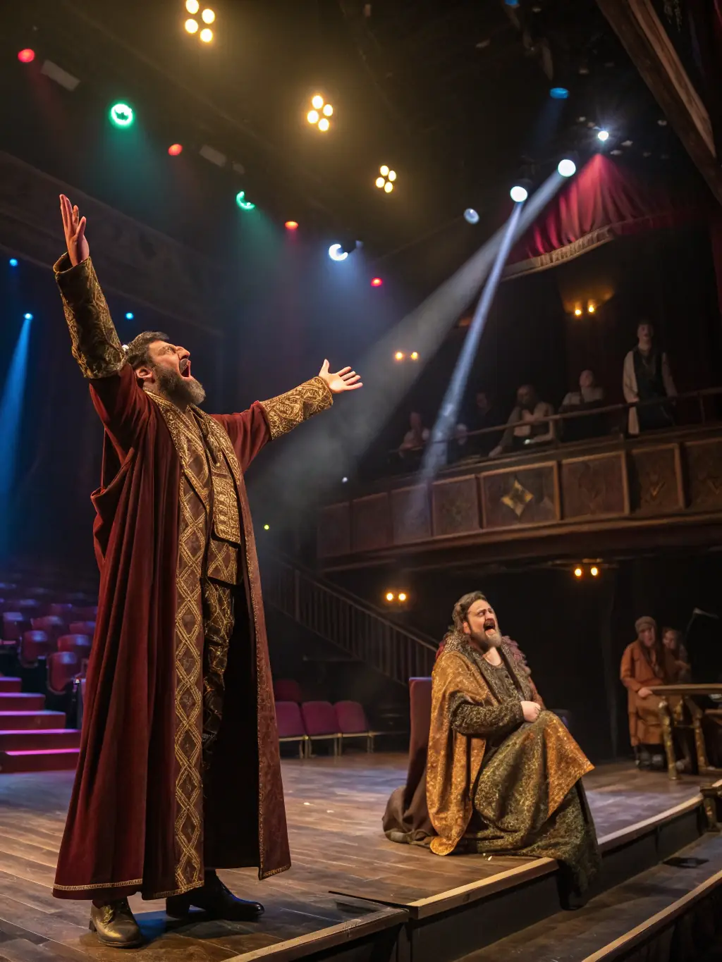 A captivating image of a theatrical performance in a local theater, with actors in costume on stage and an audience watching attentively, capturing the drama and excitement of the event.