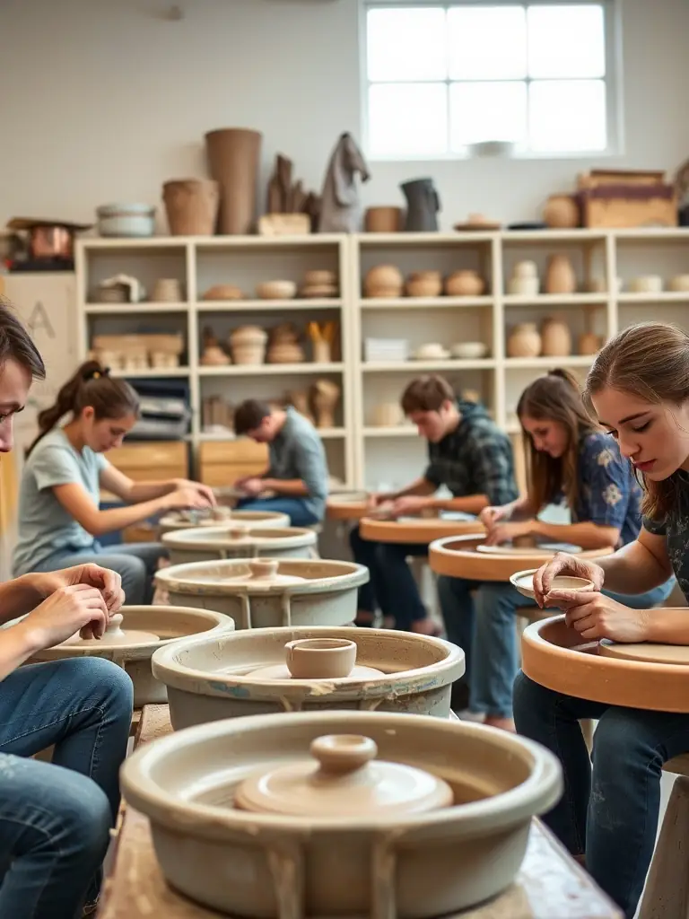 A photograph of a pottery workshop in progress, with participants of all ages learning to mold clay under the guidance of an instructor, emphasizing the hands-on and inclusive nature of the activity.